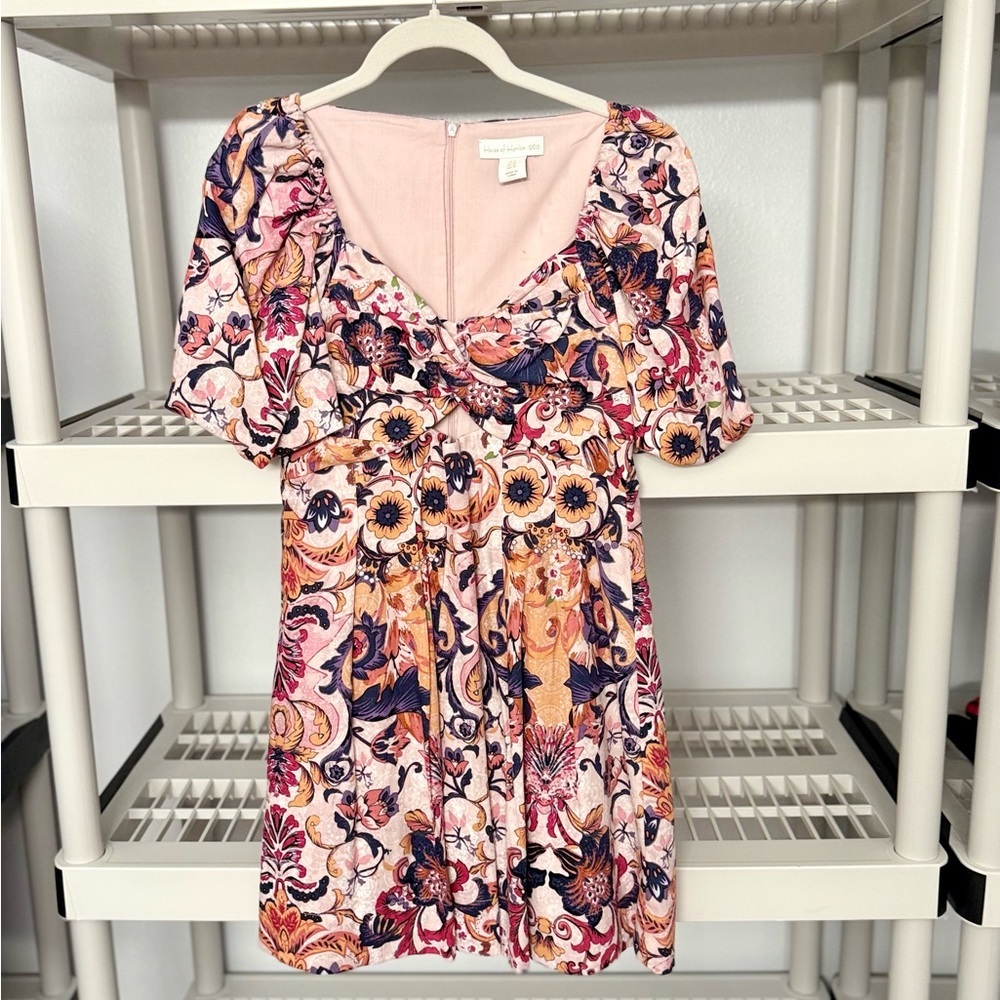 NWOT House of Harlow Pink Linen Puff Sleeve Lined Mini Dress‎ Size 6